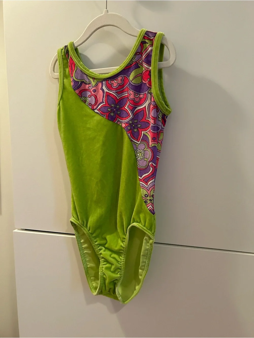 Mondor Girls' Lime Green Floral Panel Dance or Gymnastics Leotard - 10/12